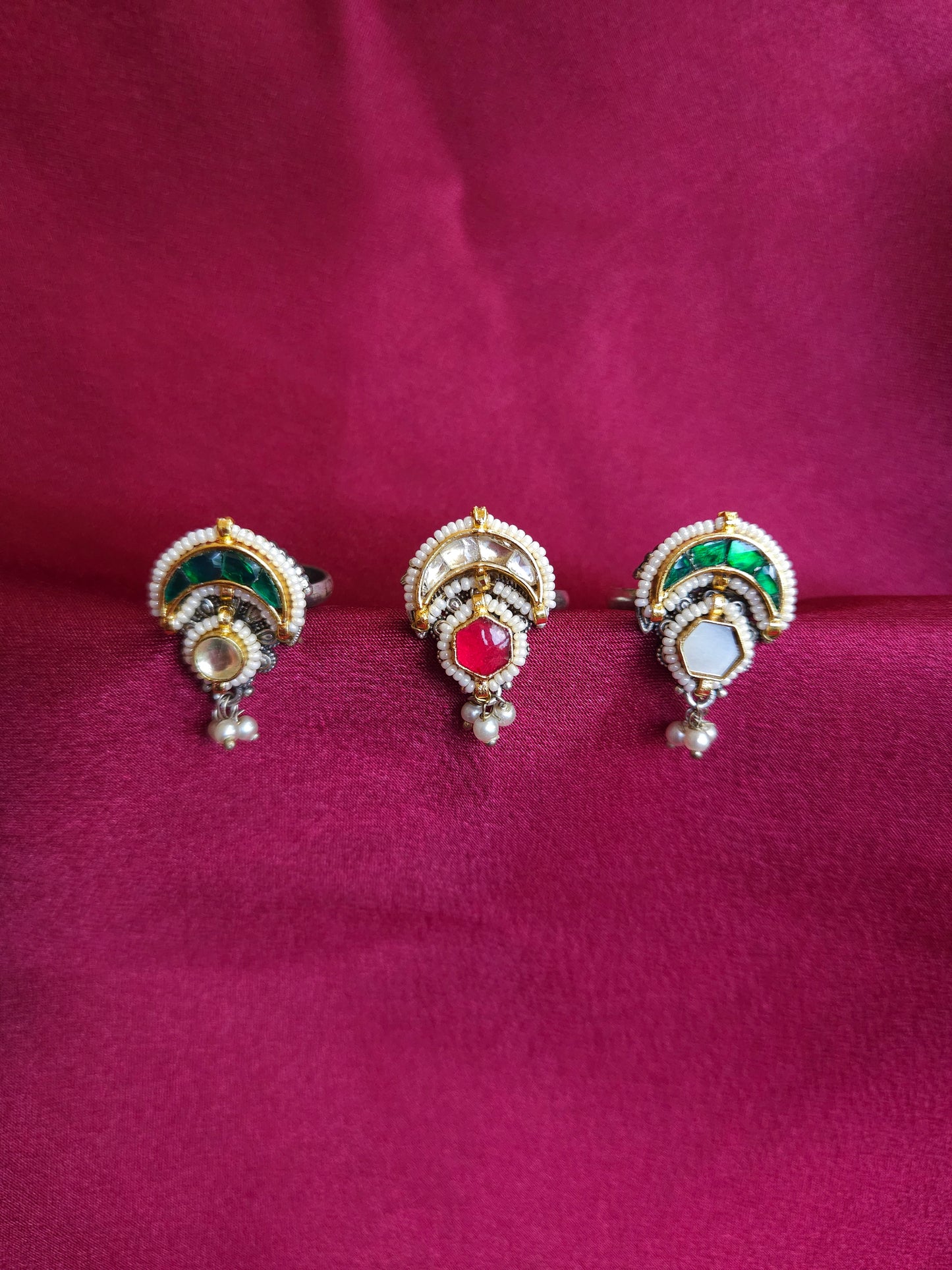 Pachi kundan fusion silveralike adjustable ring