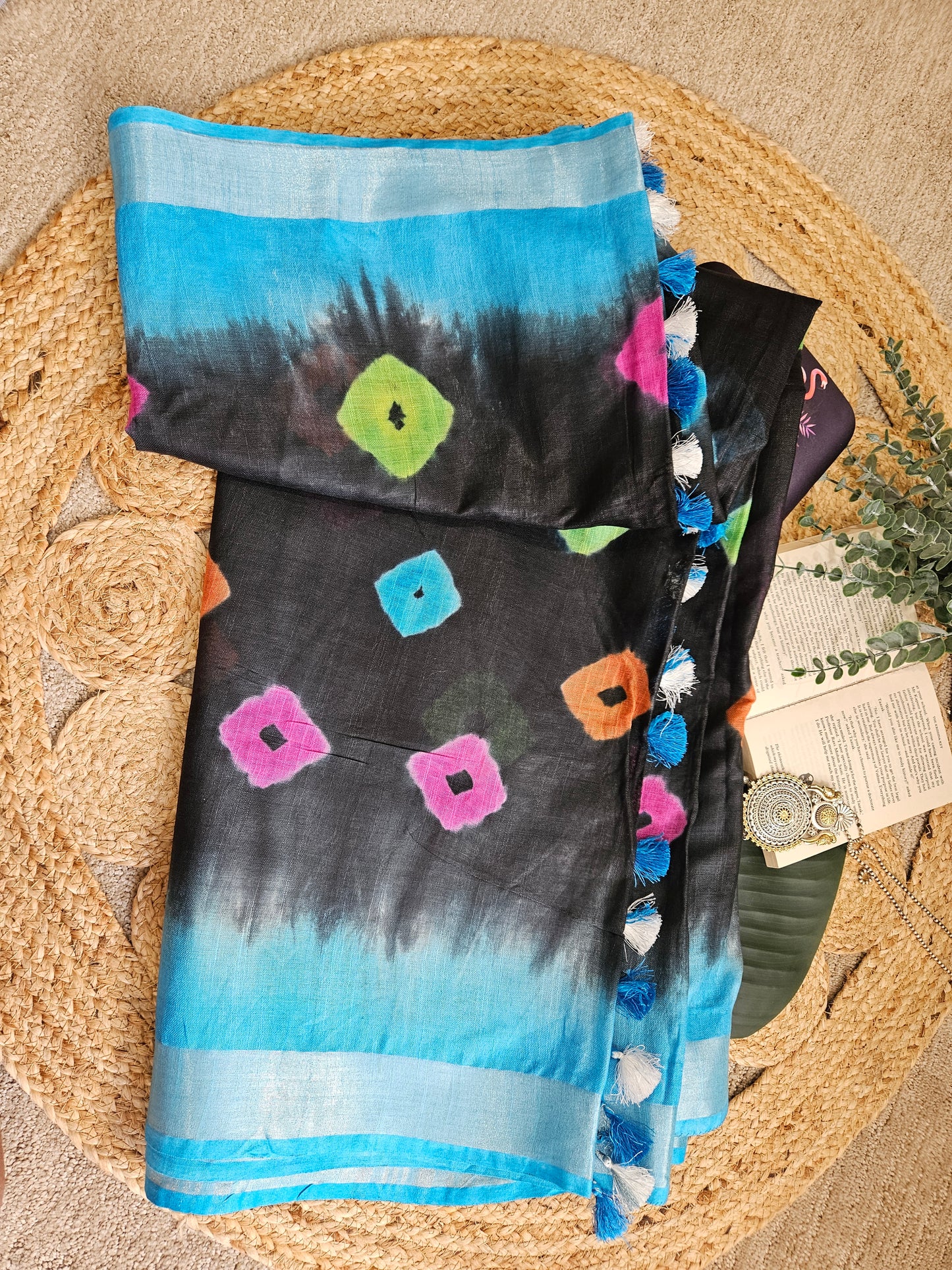 Handwoven organic pure Shibhori printed linen saree black and blue border tassels pallu saree