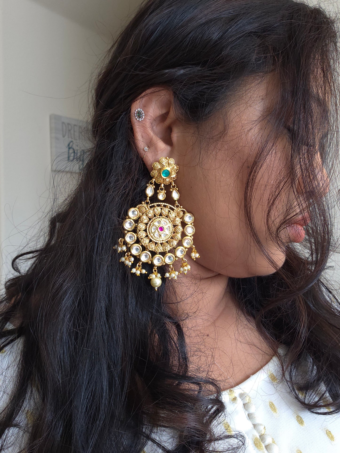 Goldplated Kundan chandbali earrings