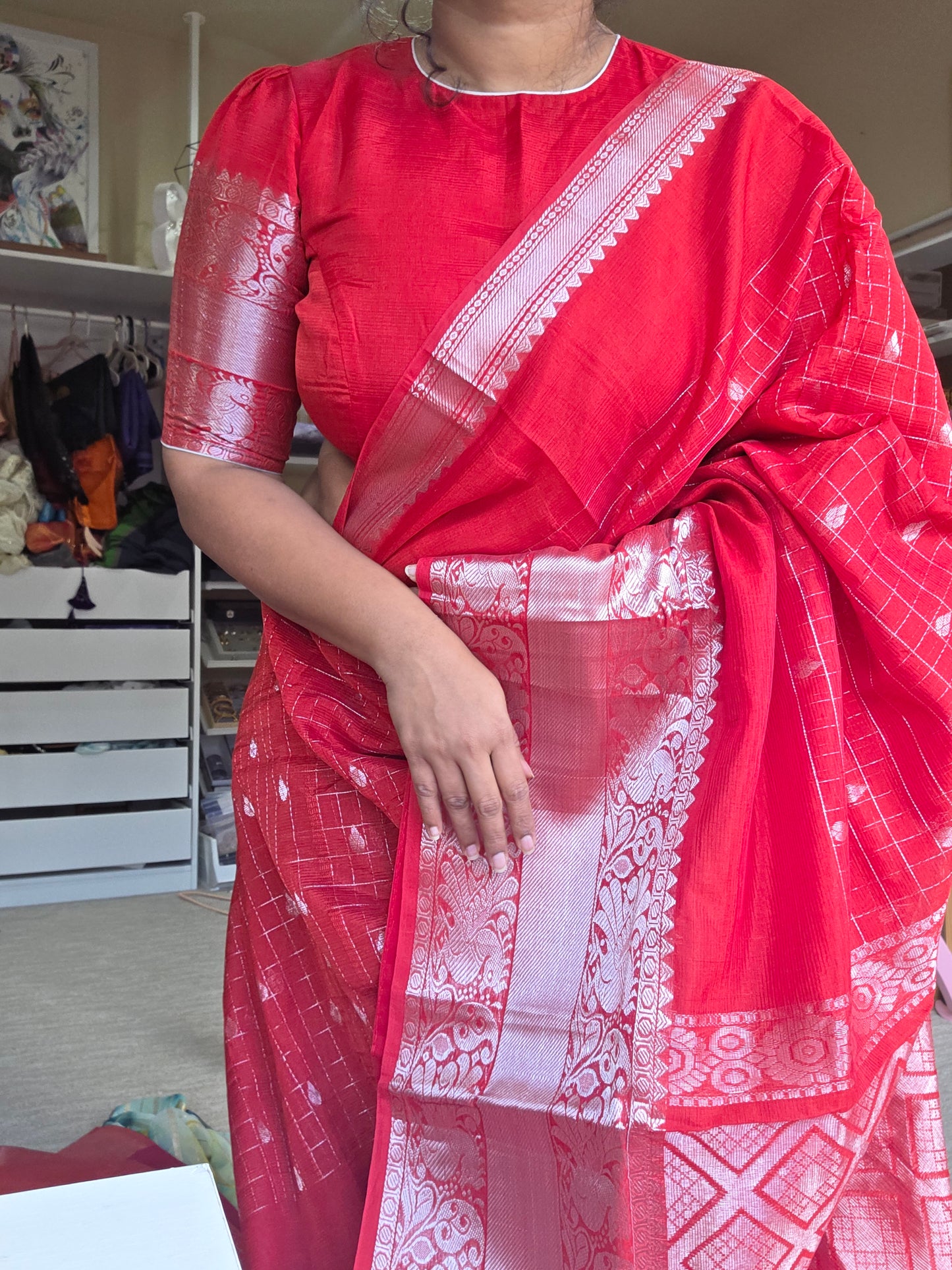 Mangalgiri Pattu Saree with Silver Zari Border | Includes Stitched Blouse | Fall & Pico Done