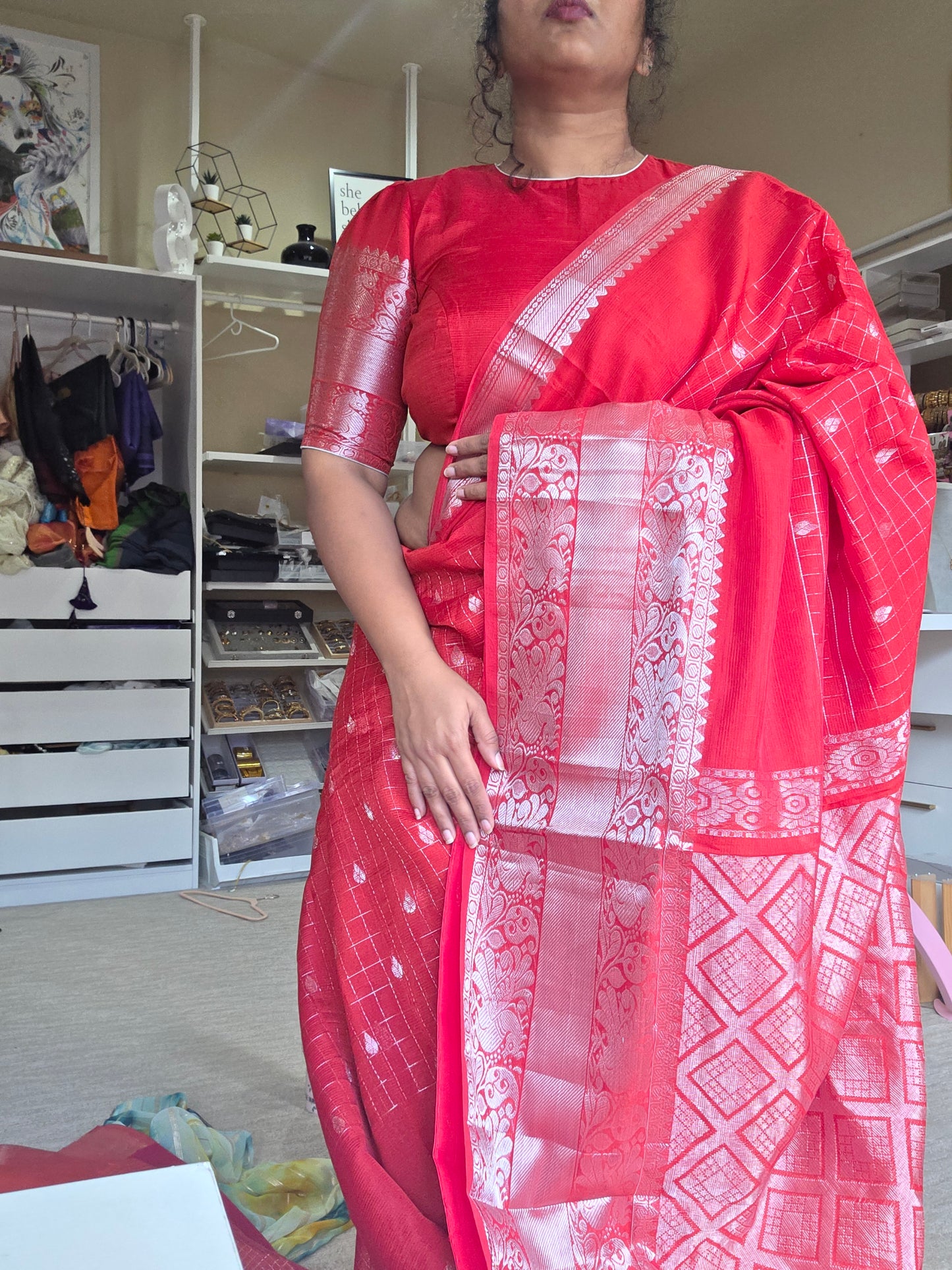 Mangalgiri Pattu Saree with Silver Zari Border | Includes Stitched Blouse | Fall & Pico Done