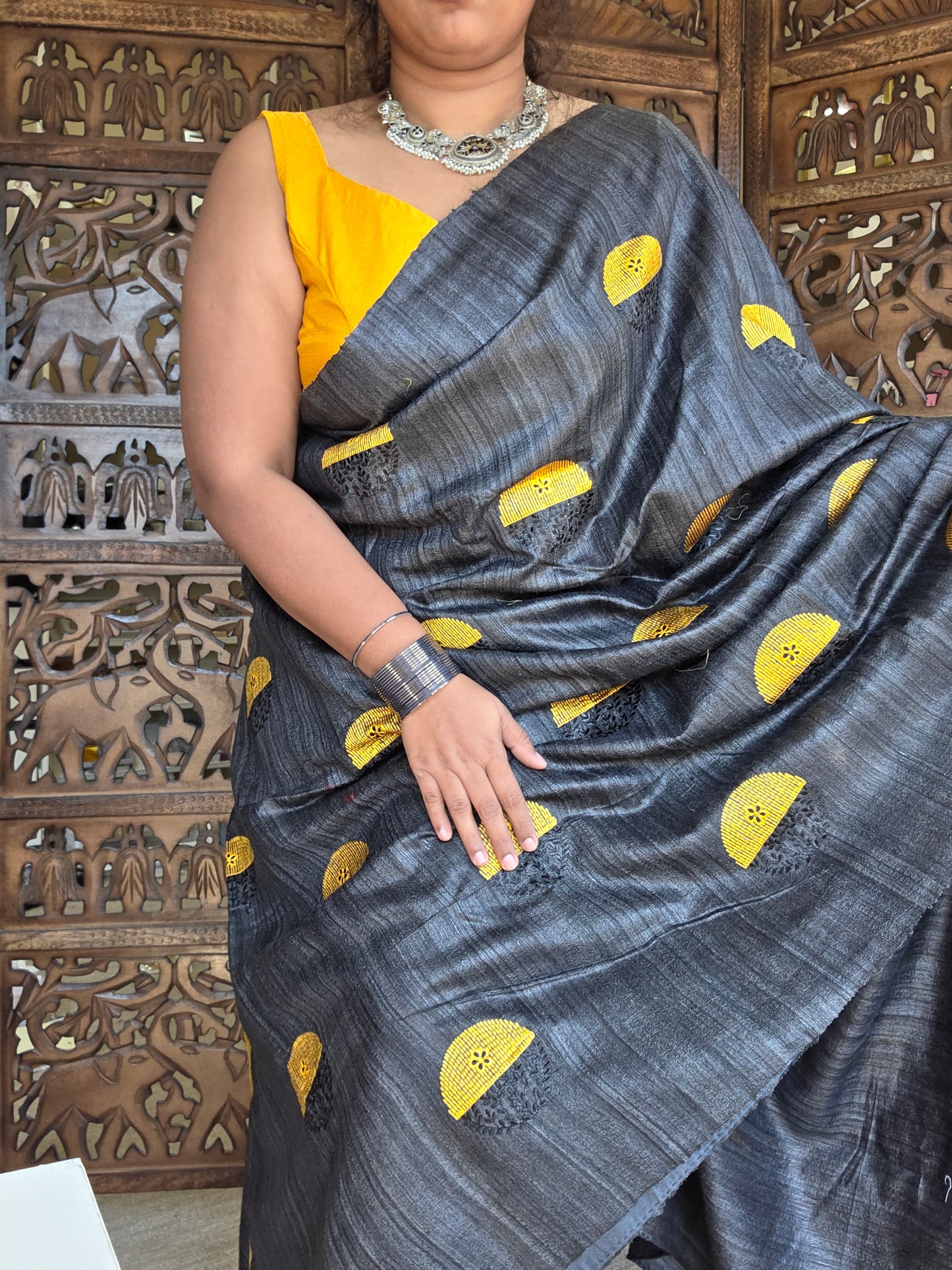Tussar gitcha silk embroidered Saree