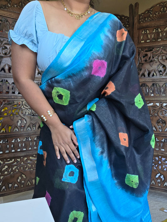 Handwoven organic pure Shibhori printed linen saree black and blue border tassels pallu saree