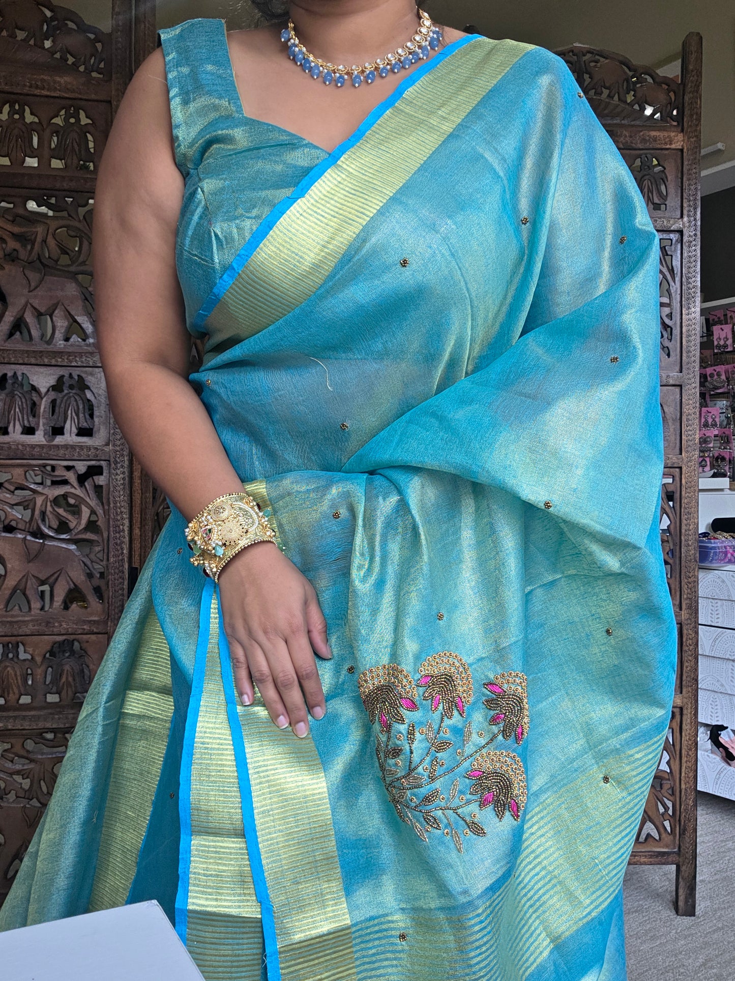 Blue silk tissue embroidery saree with blouse