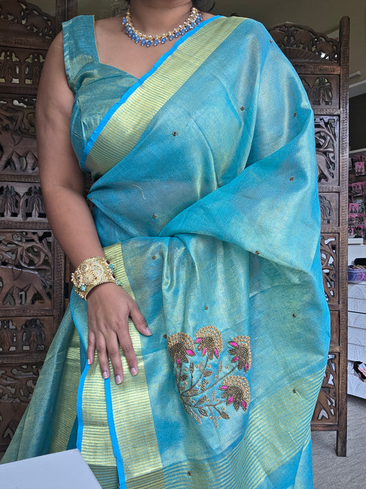 Blue silk tissue embroidery saree with blouse