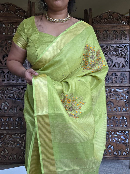Green silk tissue embroidery saree with blouse