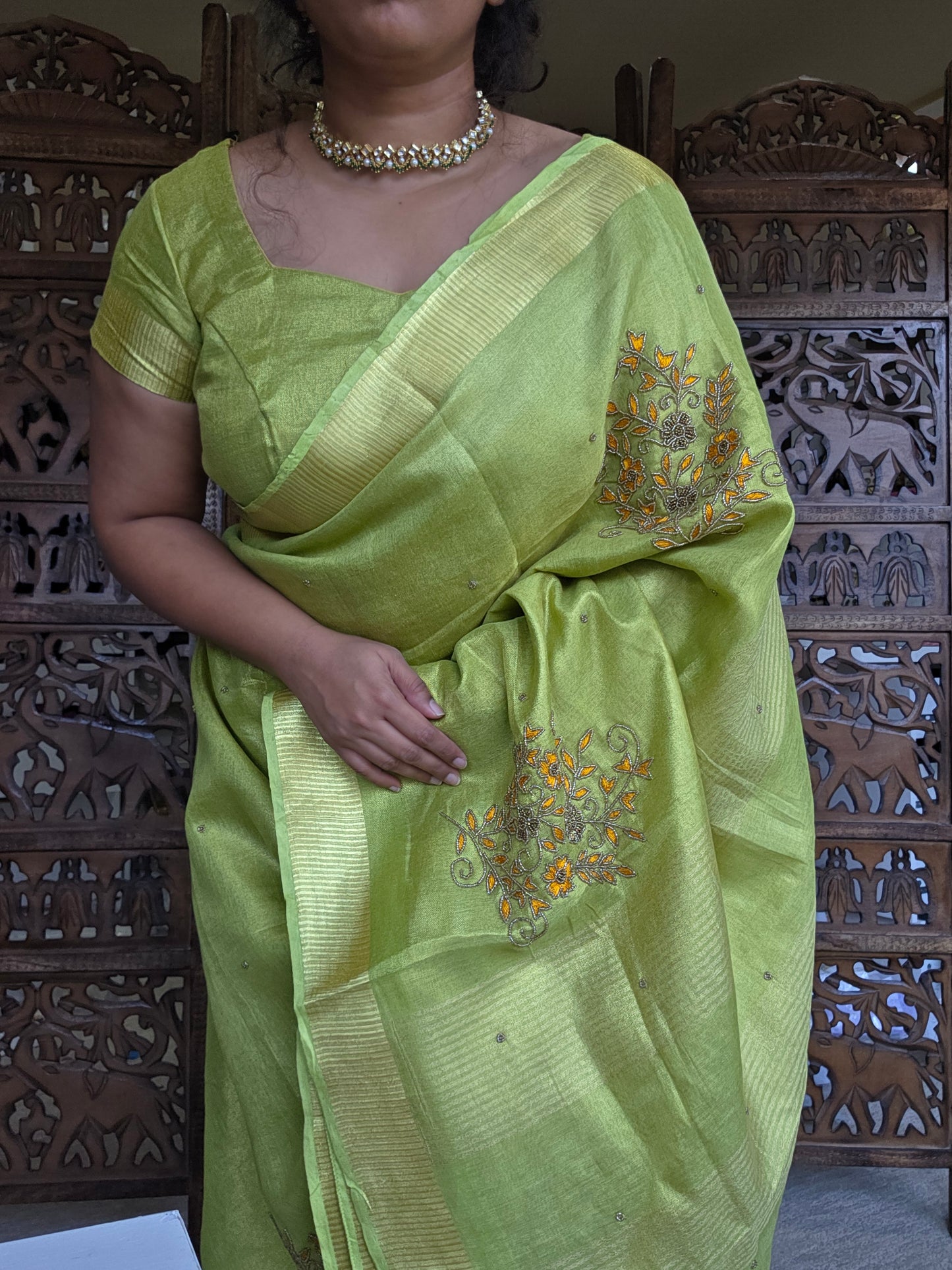 Green silk tissue embroidery saree with blouse