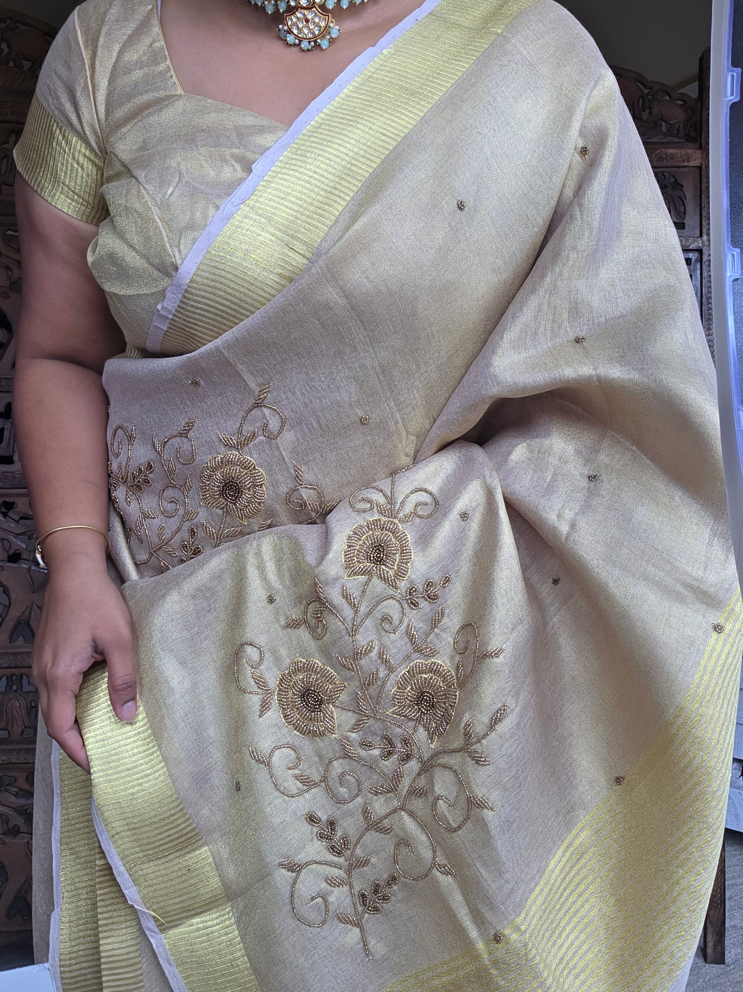 Gold silk tissue embroidery saree with blouse