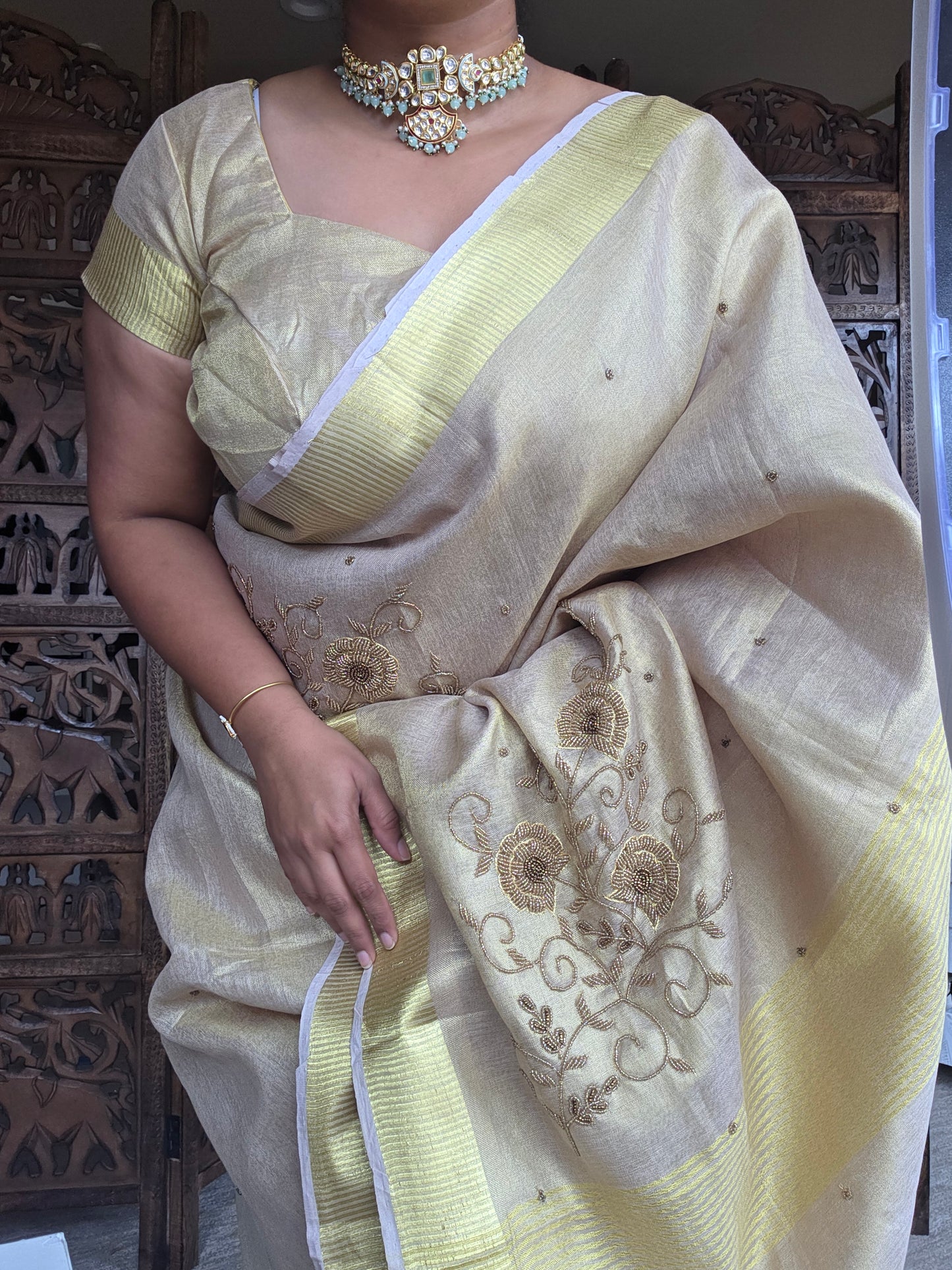 Gold silk tissue embroidery saree with blouse