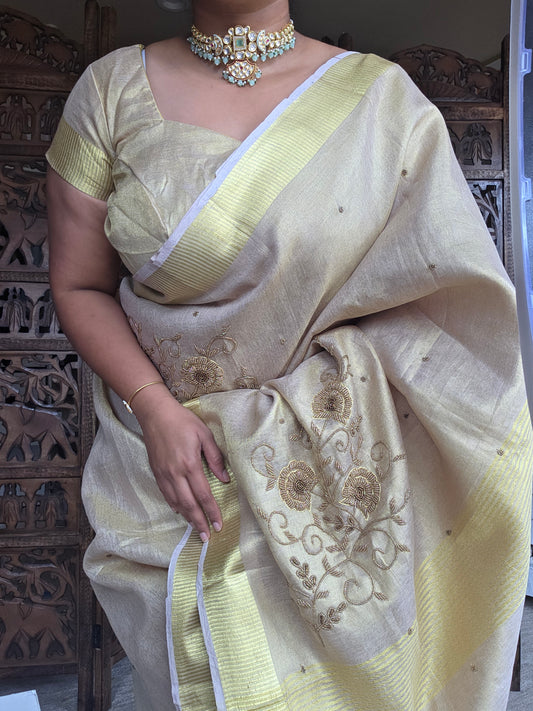 Gold silk tissue embroidery saree with blouse