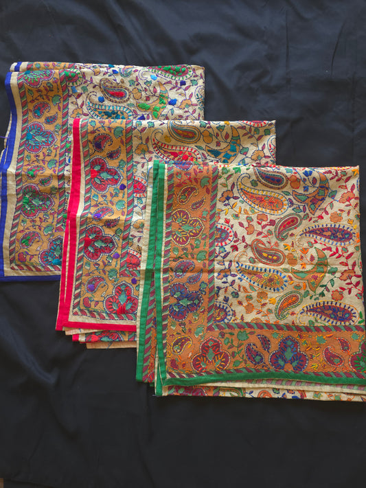 Madhubani dupatta phulkari dupatta hand embroidered dupatta kalamkari gift for her women gifts half white dupatta blue dupatta red dupatta