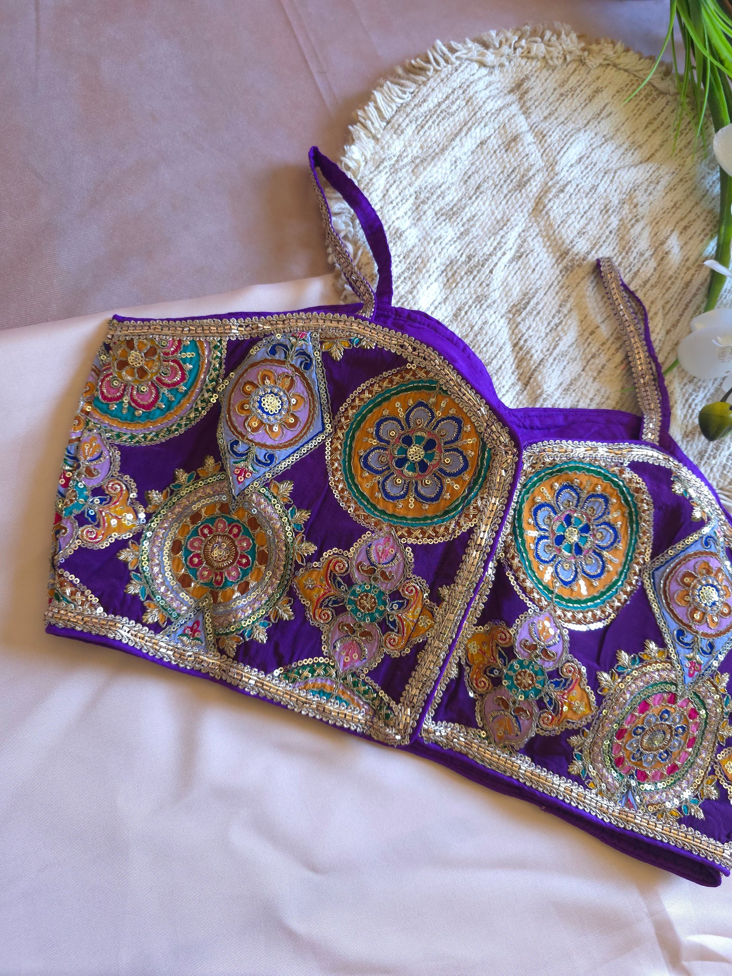 Purple Embroidered sleeveless Blouse