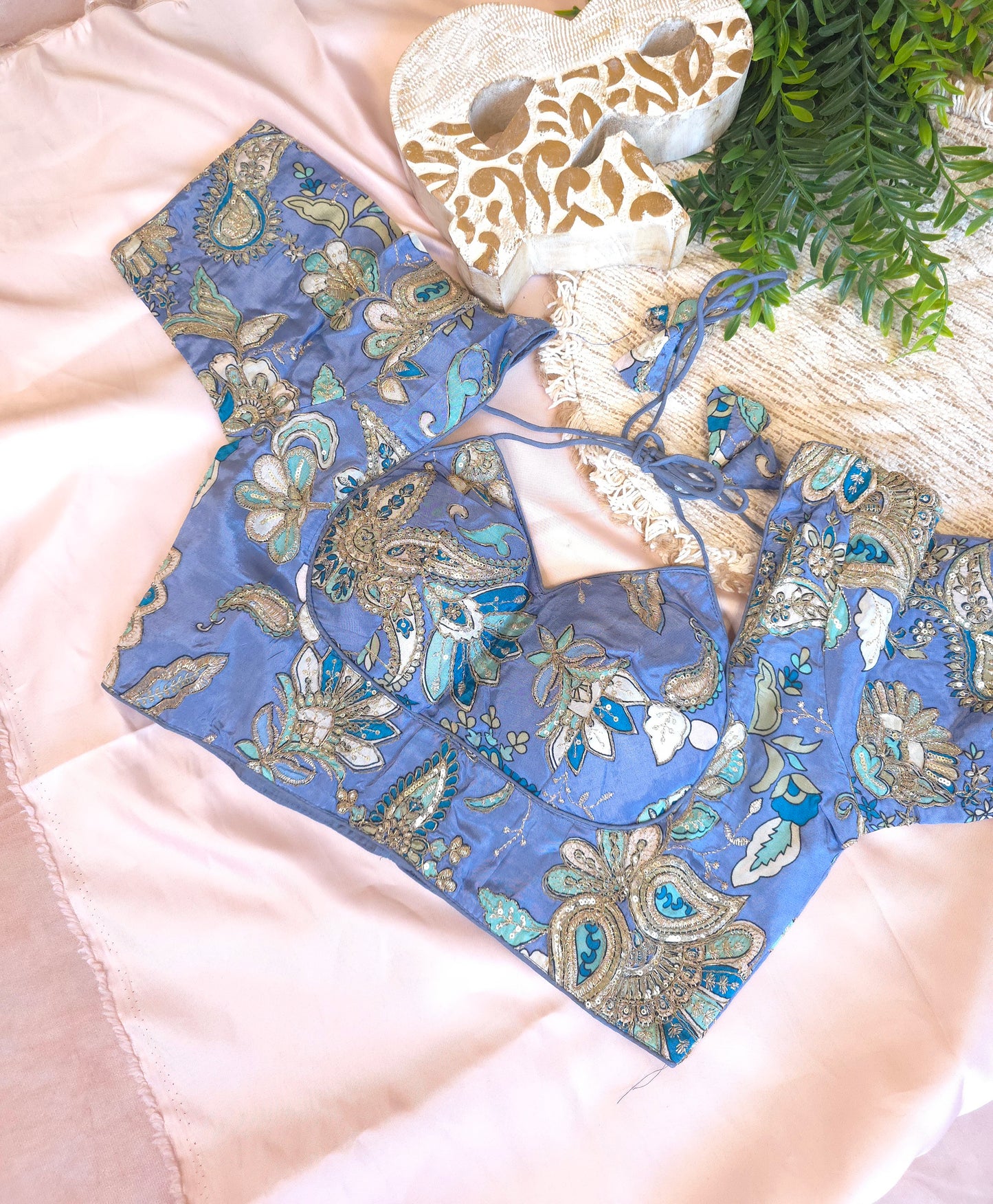 Blue Crepe Viscose Halter Neck Blouse