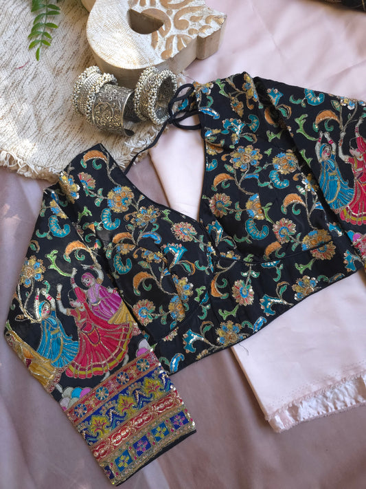 Black Crepe Viscose Embroidered Full-Sleeve Blouse