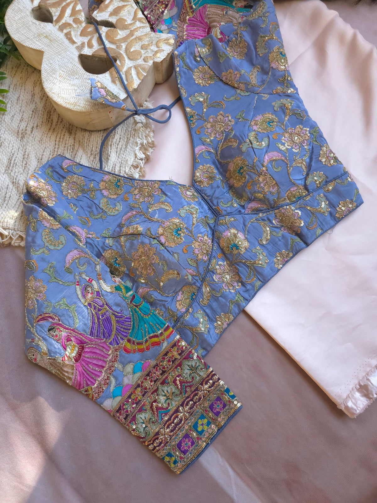 Blue Crepe Viscose Embroidered Full-Sleeve Blouse