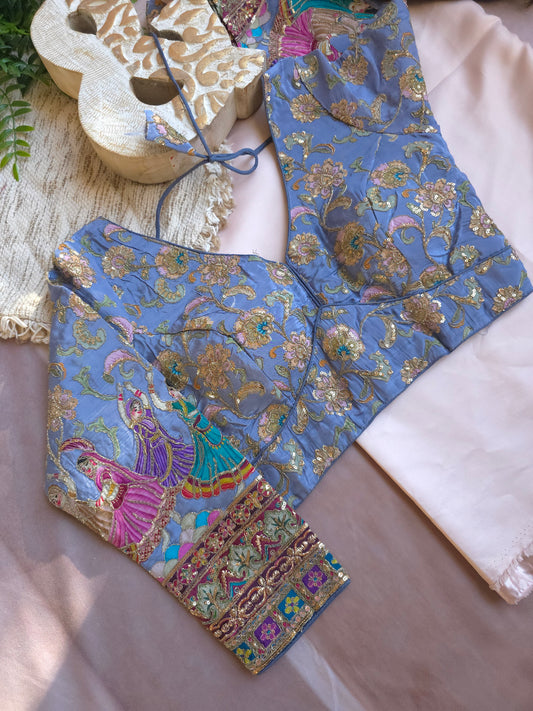 Blue Crepe Viscose Embroidered Full-Sleeve Blouse