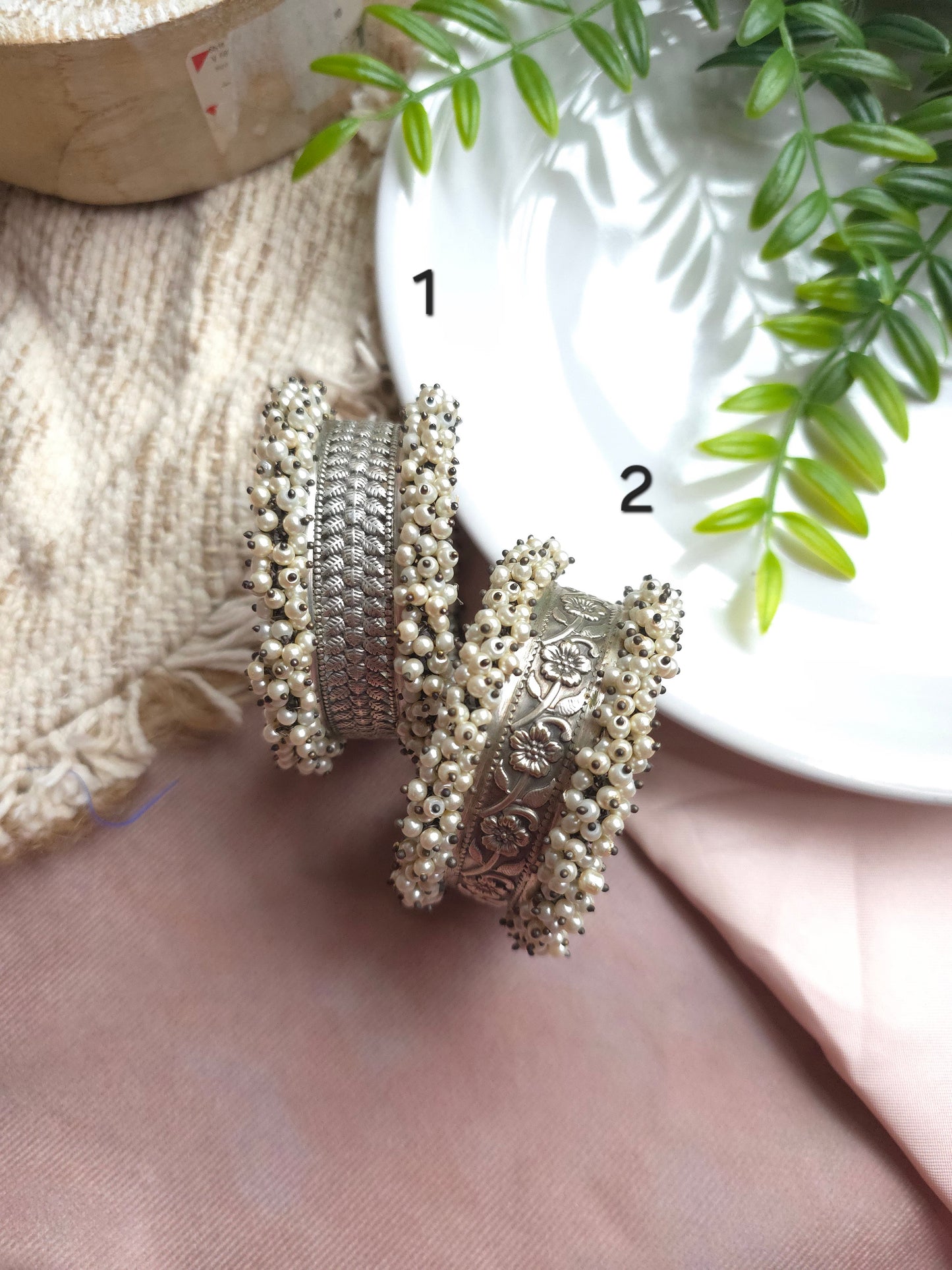 DualTone Adjustable Brass Bracelet – Pearl Beaded Statement Cuff