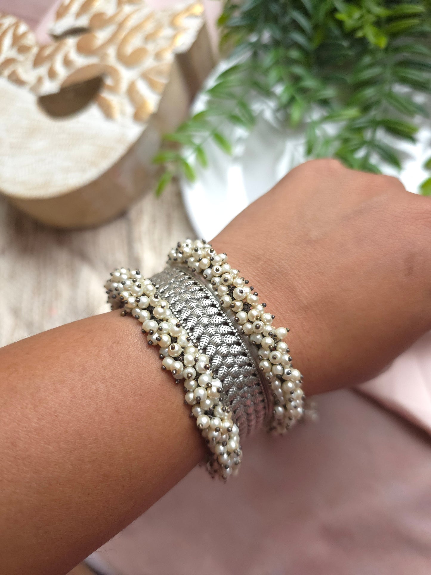 DualTone Adjustable Brass Bracelet – Pearl Beaded Statement Cuff