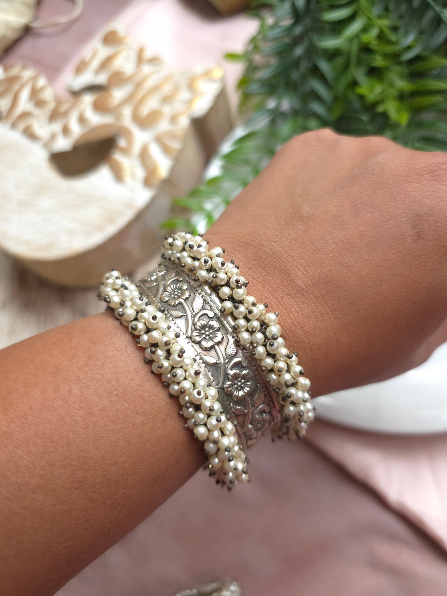 DualTone Adjustable Brass Bracelet – Pearl Beaded Statement Cuff