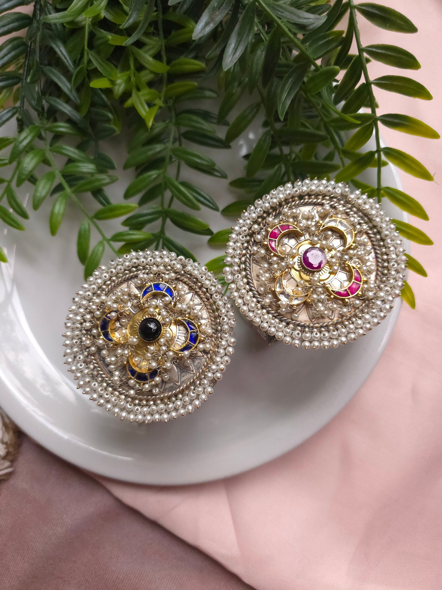 Dual-Tone Adjustable Brass Bracelet – Pearl Beaded Statement Cuff