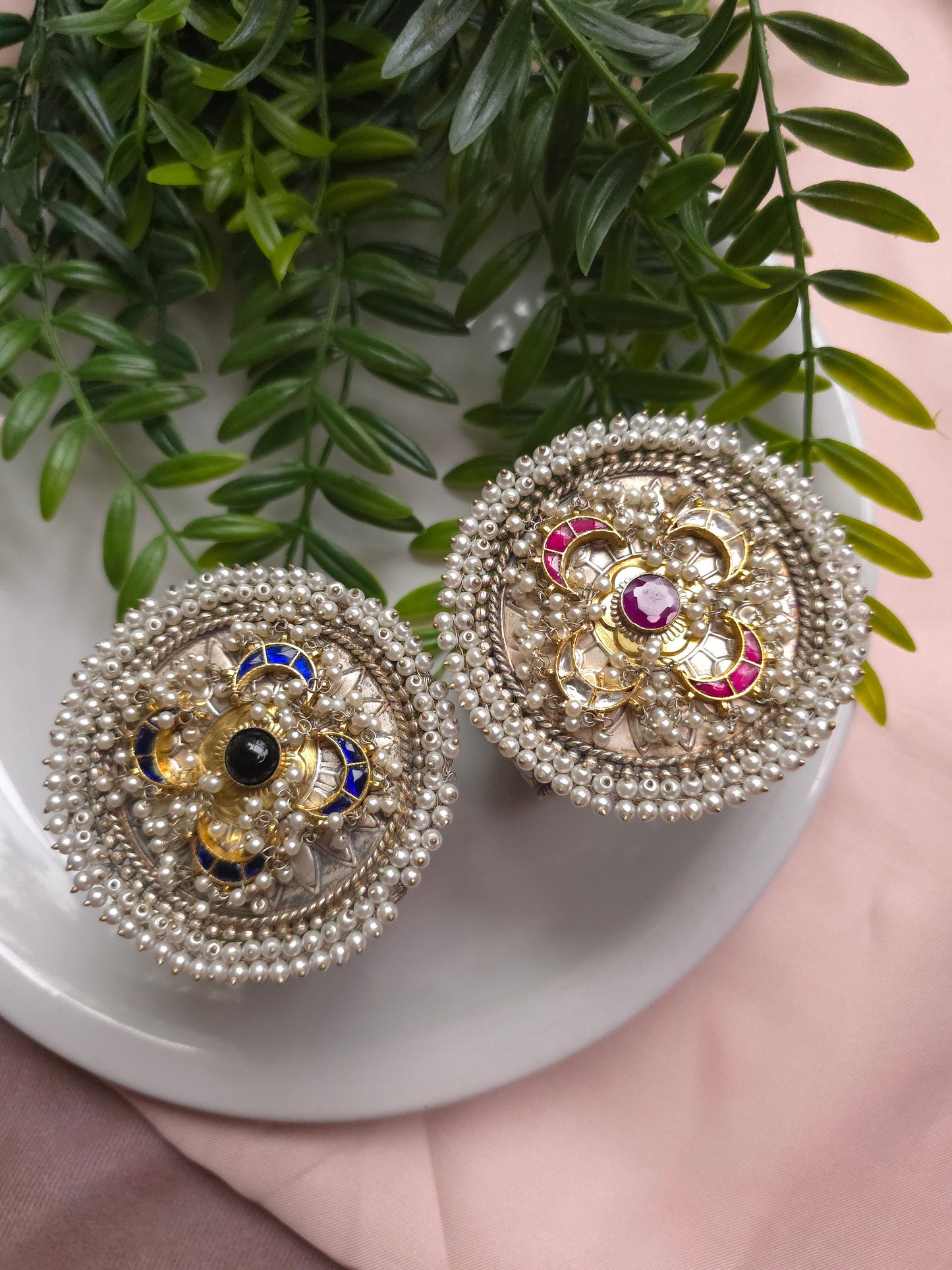 Dual-Tone Adjustable Brass Bracelet – Pearl Beaded Statement Cuff