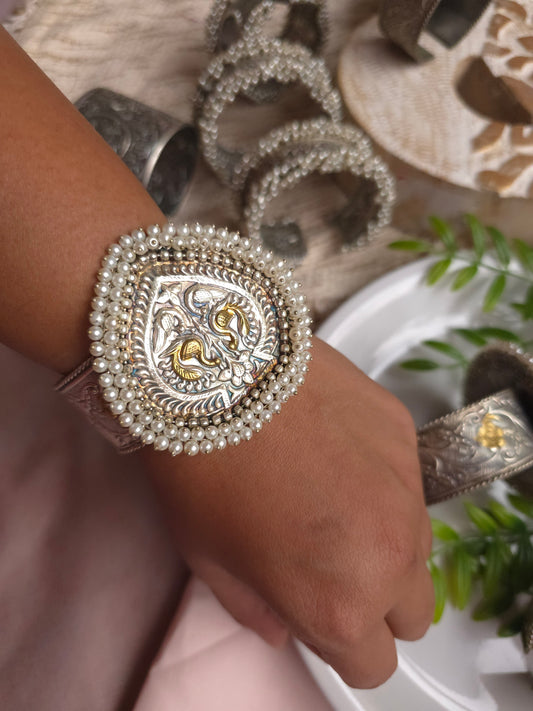 Dual-Tone Adjustable Brass Bracelet – Pearl Beaded Statement Cuff