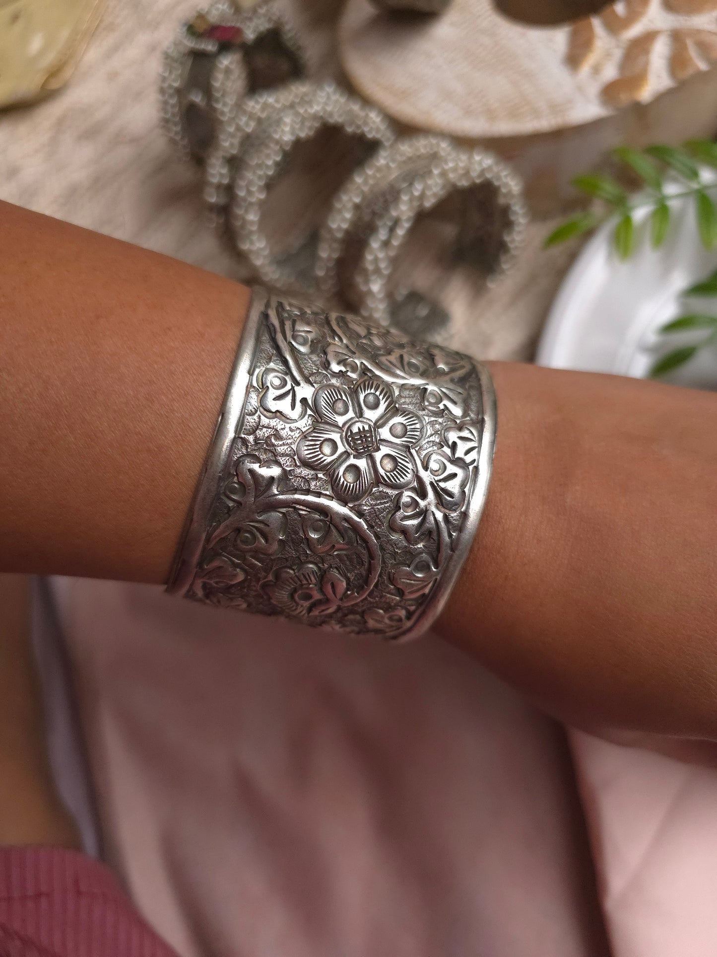 DualTone Adjustable Brass Bracelet – Pearl Beaded Statement Cuff