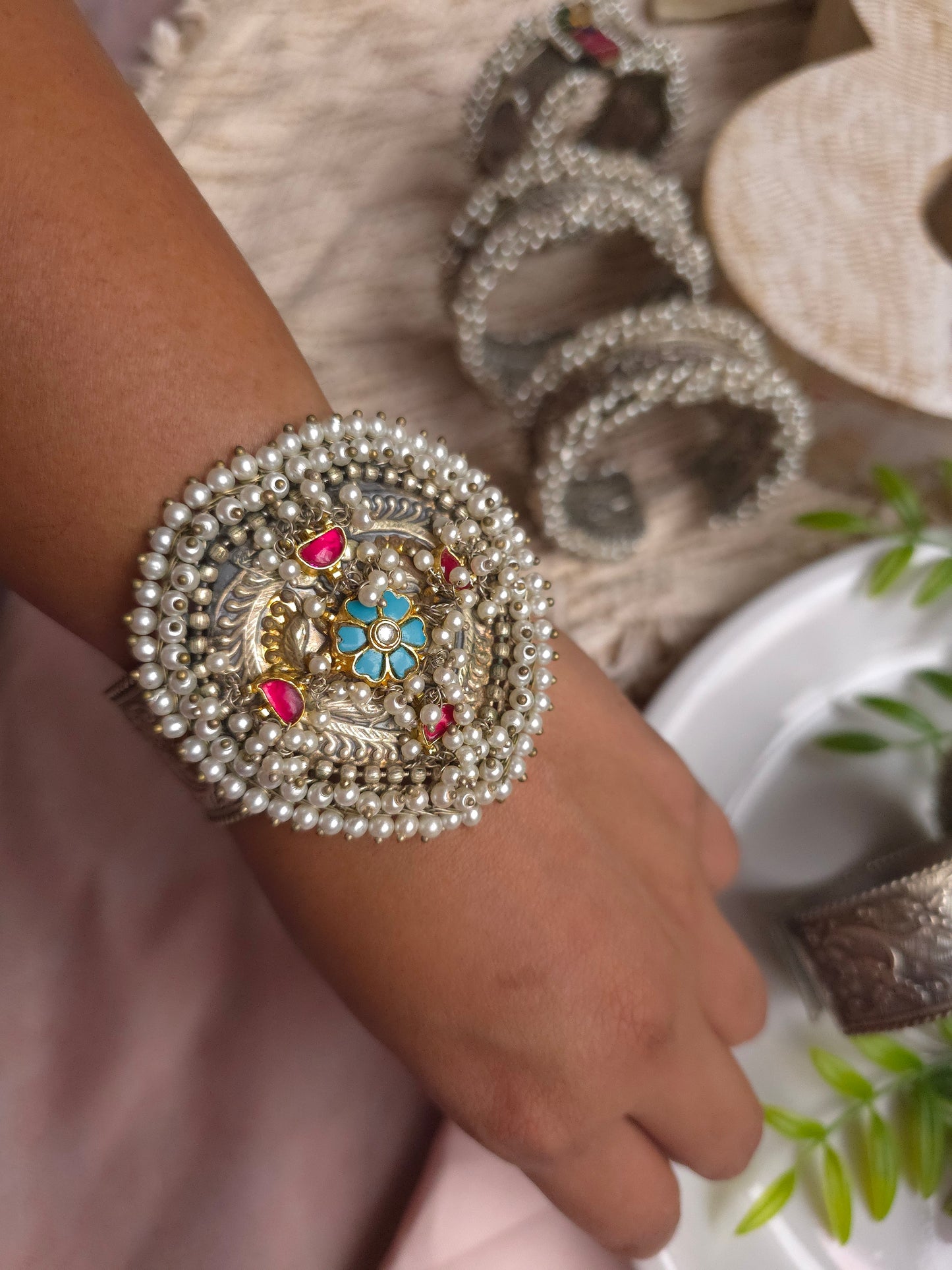 Dual-Tone Adjustable Brass Bracelet – Pearl Beaded Statement Cuff