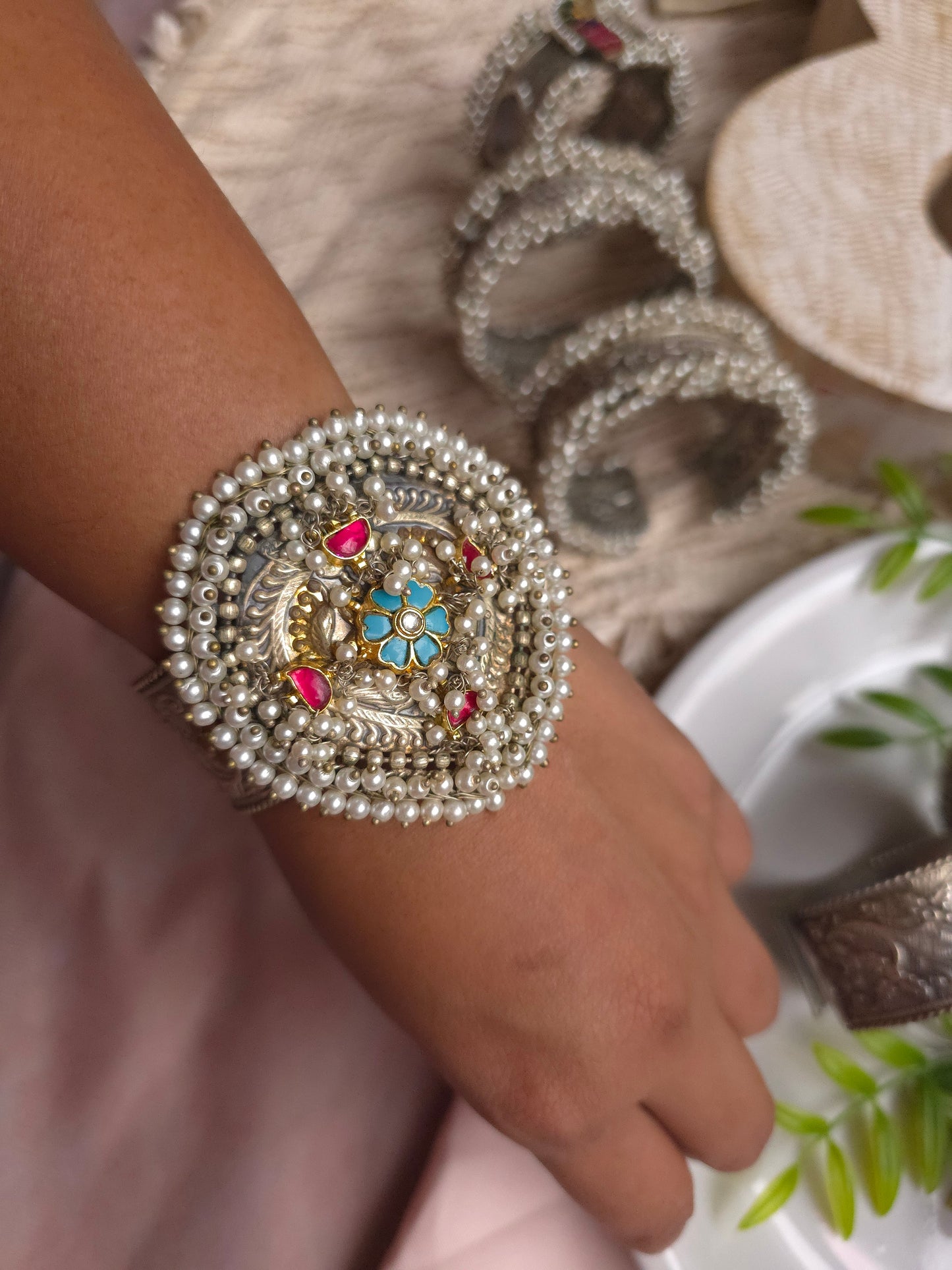 Dual-Tone Adjustable Brass Bracelet – Pearl Beaded Statement Cuff