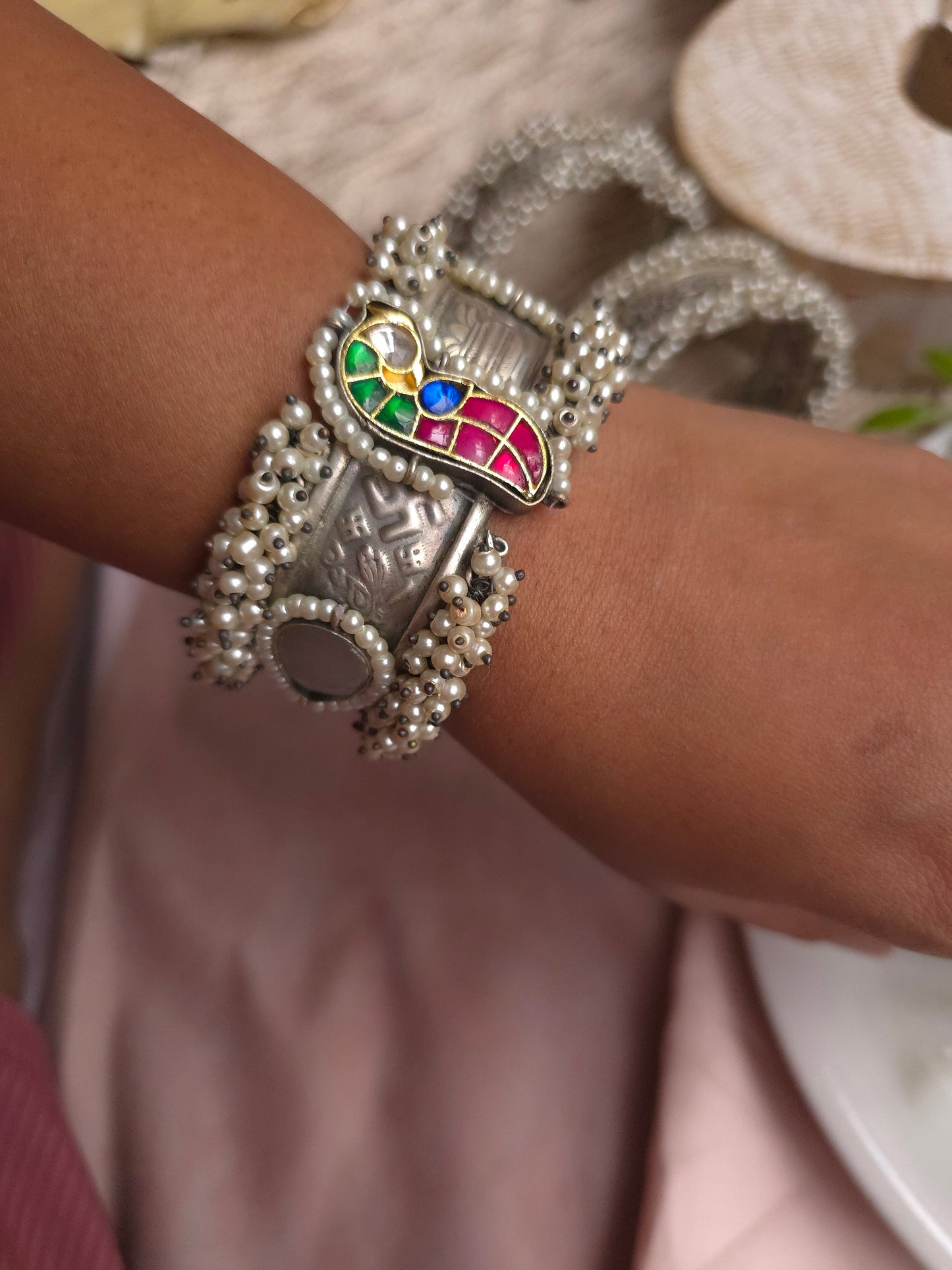 Dual-Tone Adjustable Brass Bracelet – Pearl Beaded Statement Cuff