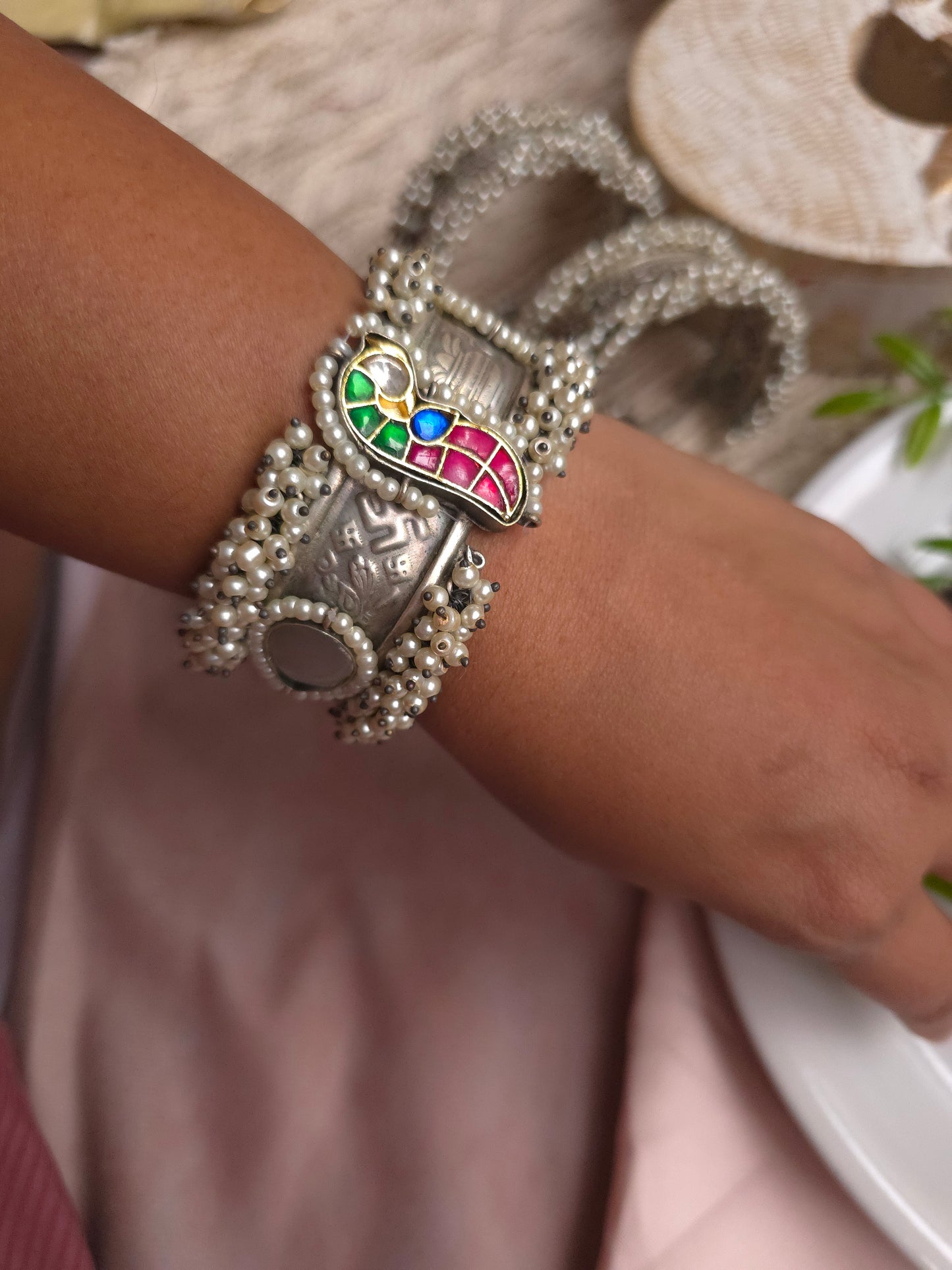 Dual-Tone Adjustable Brass Bracelet – Pearl Beaded Statement Cuff