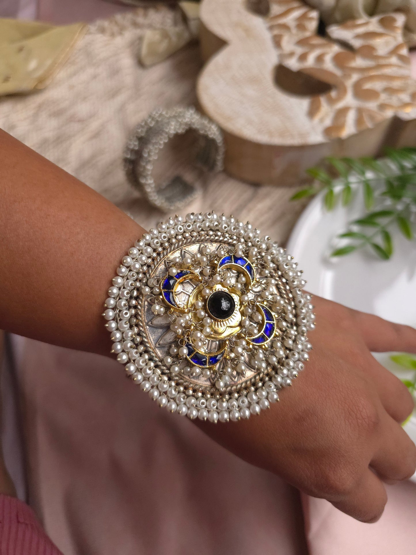 Dual-Tone Adjustable Brass Bracelet – Pearl Beaded Statement Cuff