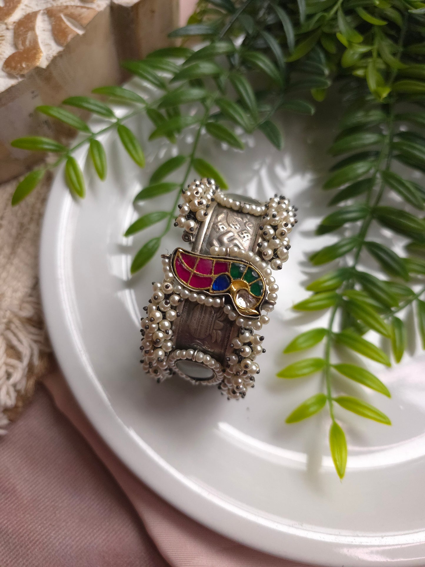 Dual-Tone Adjustable Brass Bracelet – Pearl Beaded Statement Cuff