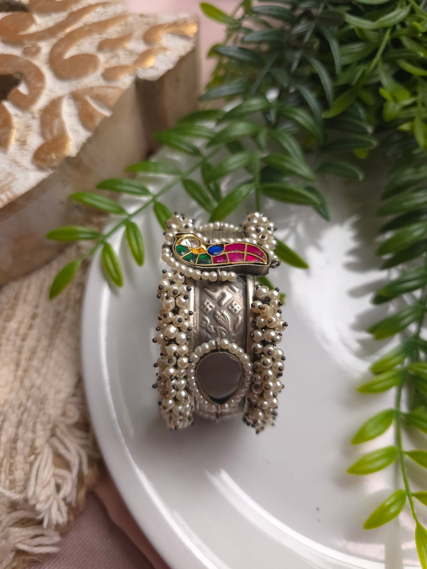 Dual-Tone Adjustable Brass Bracelet – Pearl Beaded Statement Cuff