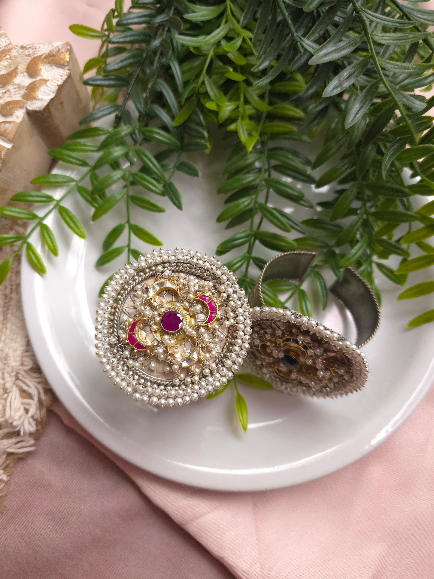 Dual-Tone Adjustable Brass Bracelet – Pearl Beaded Statement Cuff