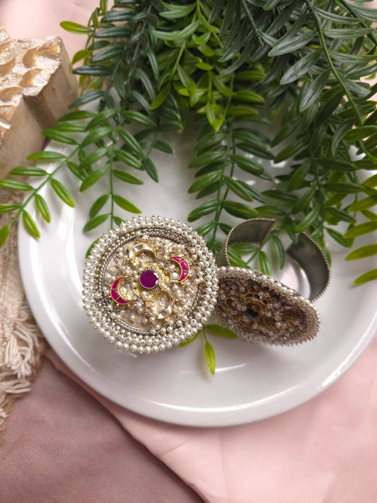 Dual-Tone Adjustable Brass Bracelet – Pearl Beaded Statement Cuff