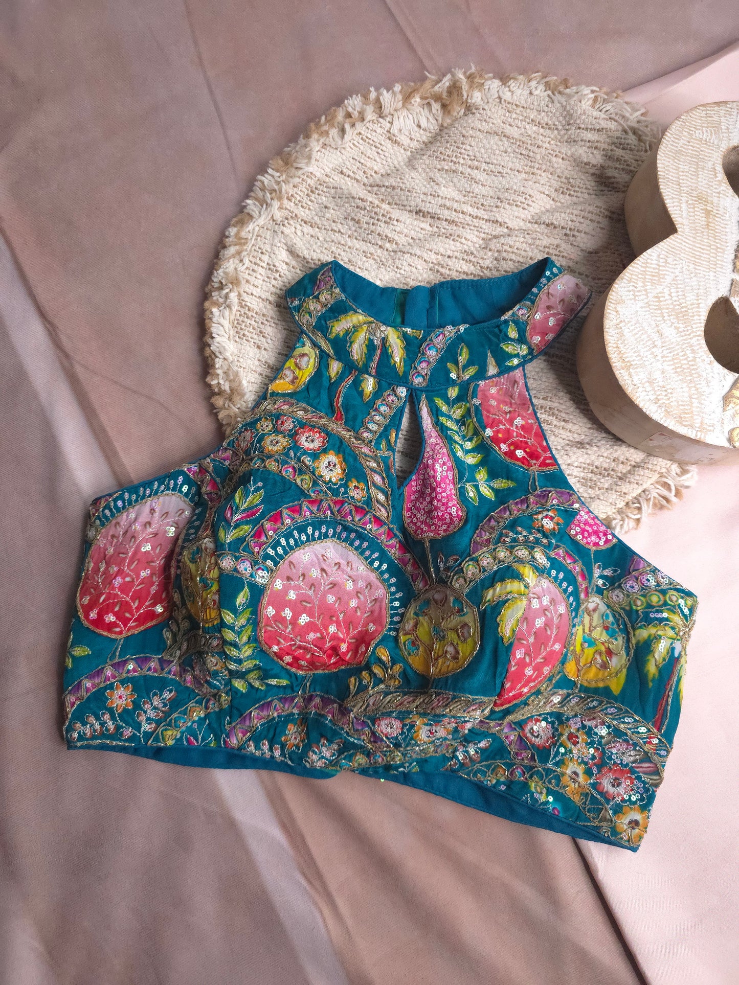 Blue Embroidered Halter Blouse