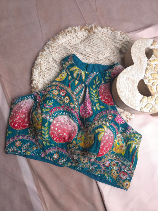 Blue Embroidered Halter Blouse