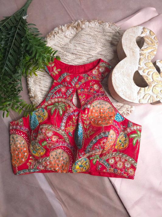 Red Embroidered Halter Blouse