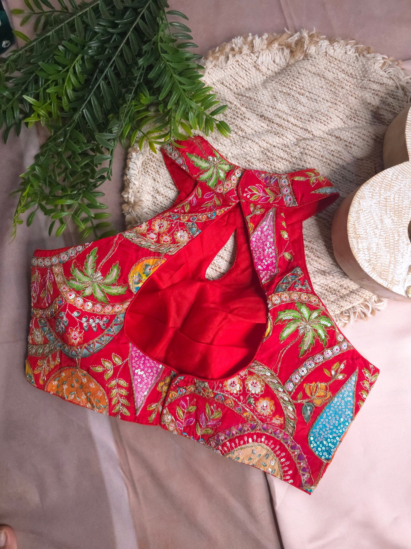 Red Embroidered Halter Blouse