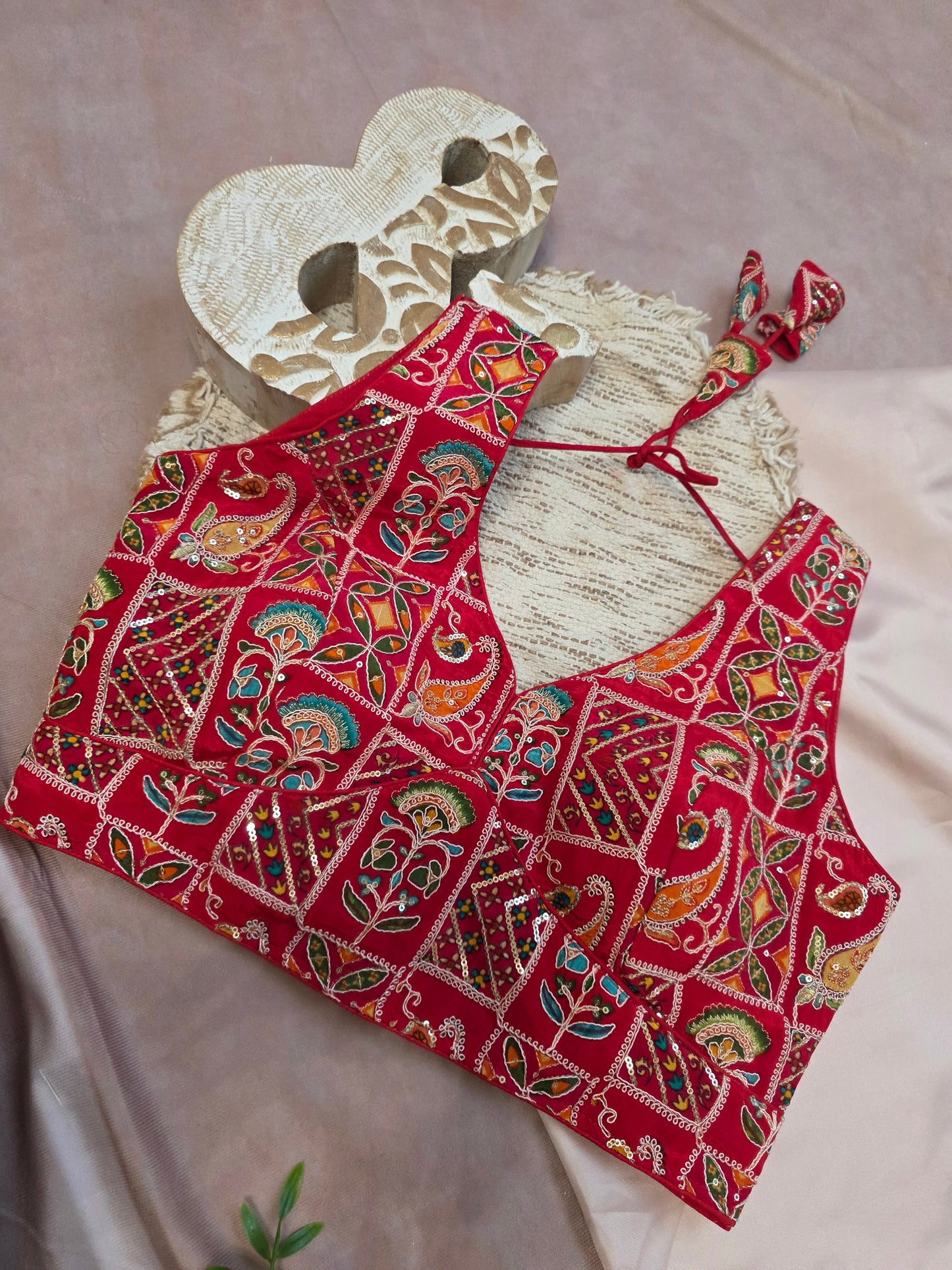 Red Embroidered sleeveless Blouse