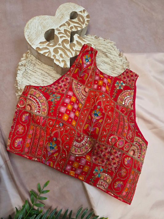 Red Embroidered sleeveless Blouse