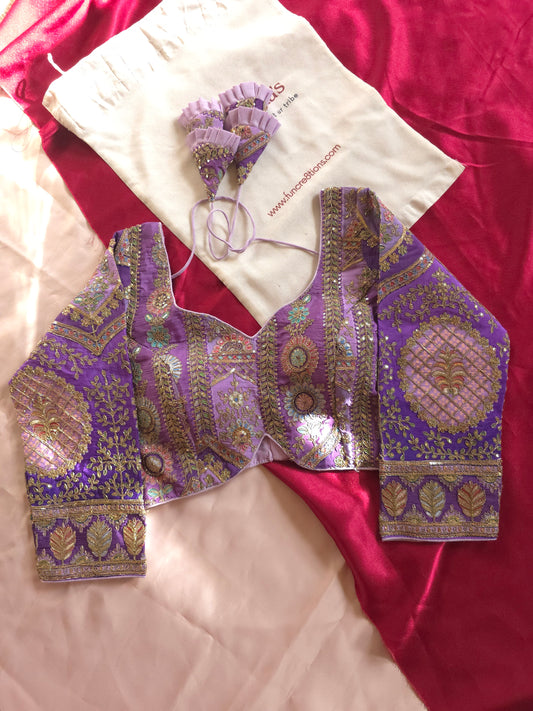 Lavender Embroidered Silk Blouse with Intricate Zari & Floral Work