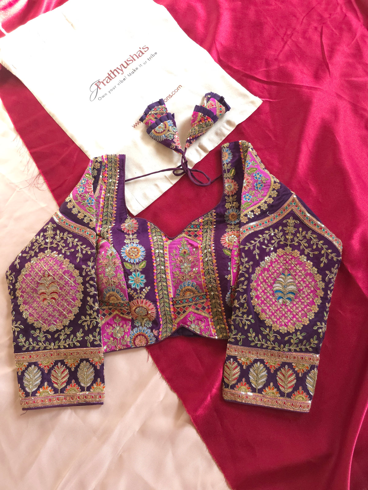 Purple Embroidered Silk Blouse with Intricate Zari & Floral Work