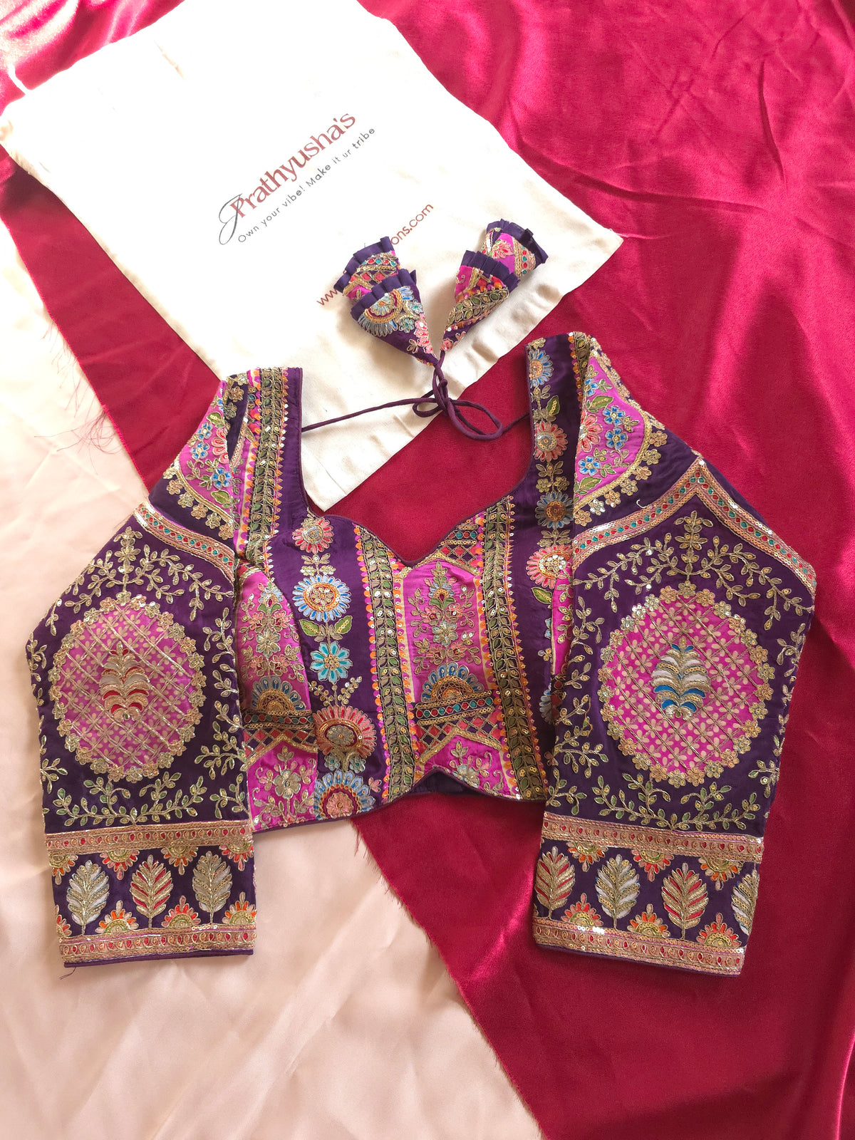 Purple Embroidered Silk Blouse with Intricate Zari & Floral Work