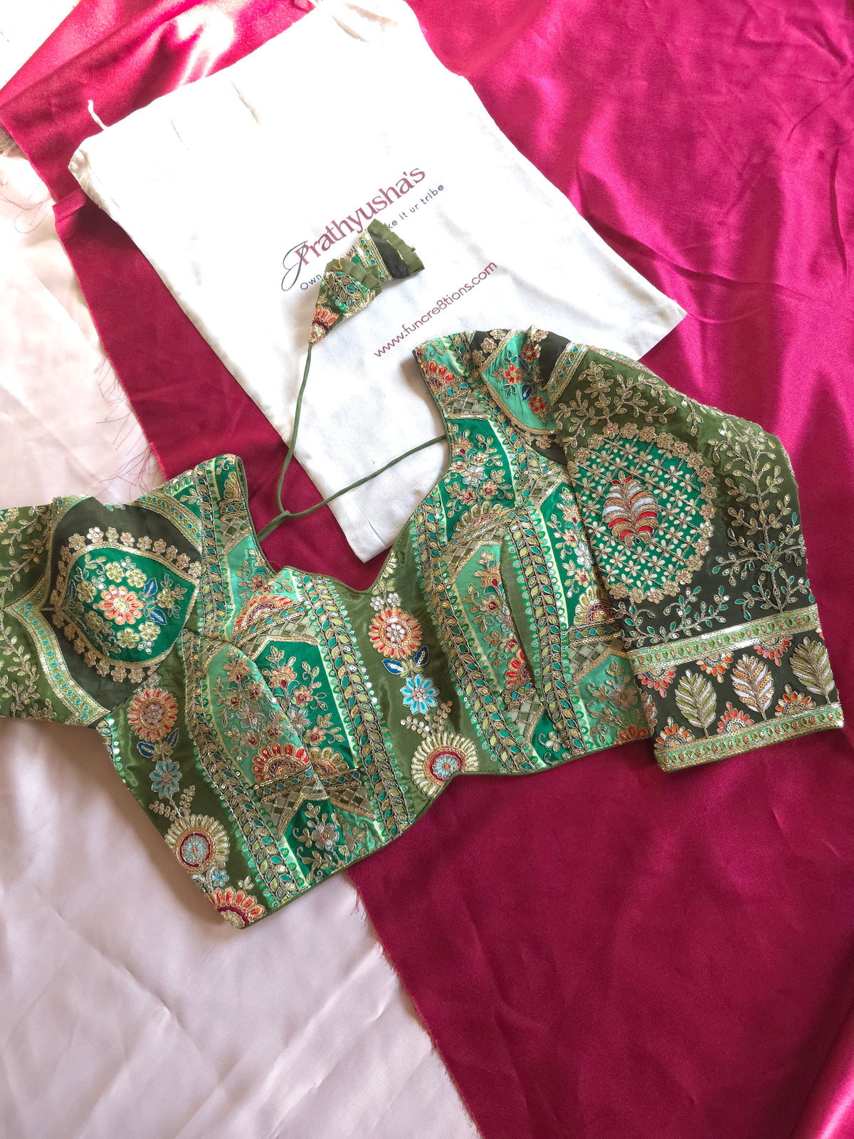 Emerald Green Embroidered Silk Blouse with Intricate Zari & Floral Work