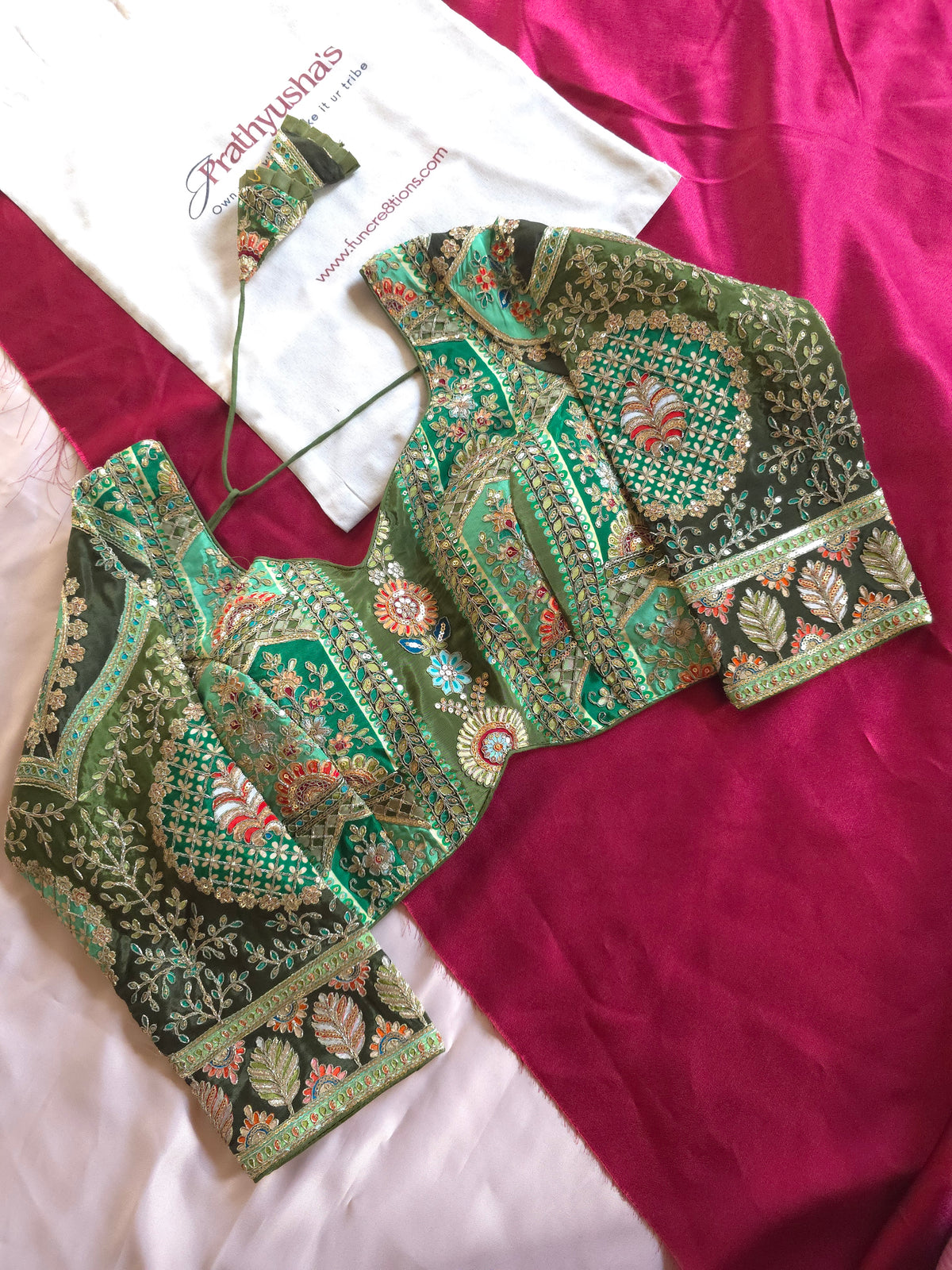 Emerald Green Embroidered Silk Blouse with Intricate Zari & Floral Work