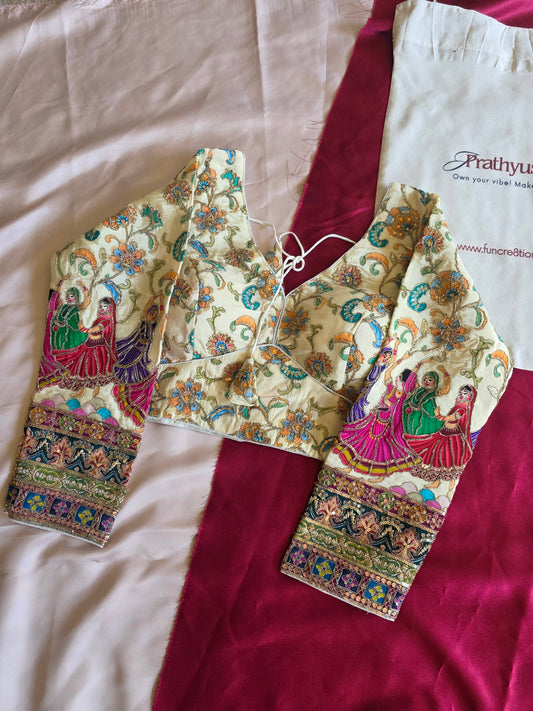 Half white Crepe Viscose Embroidered Full-Sleeve Blouse