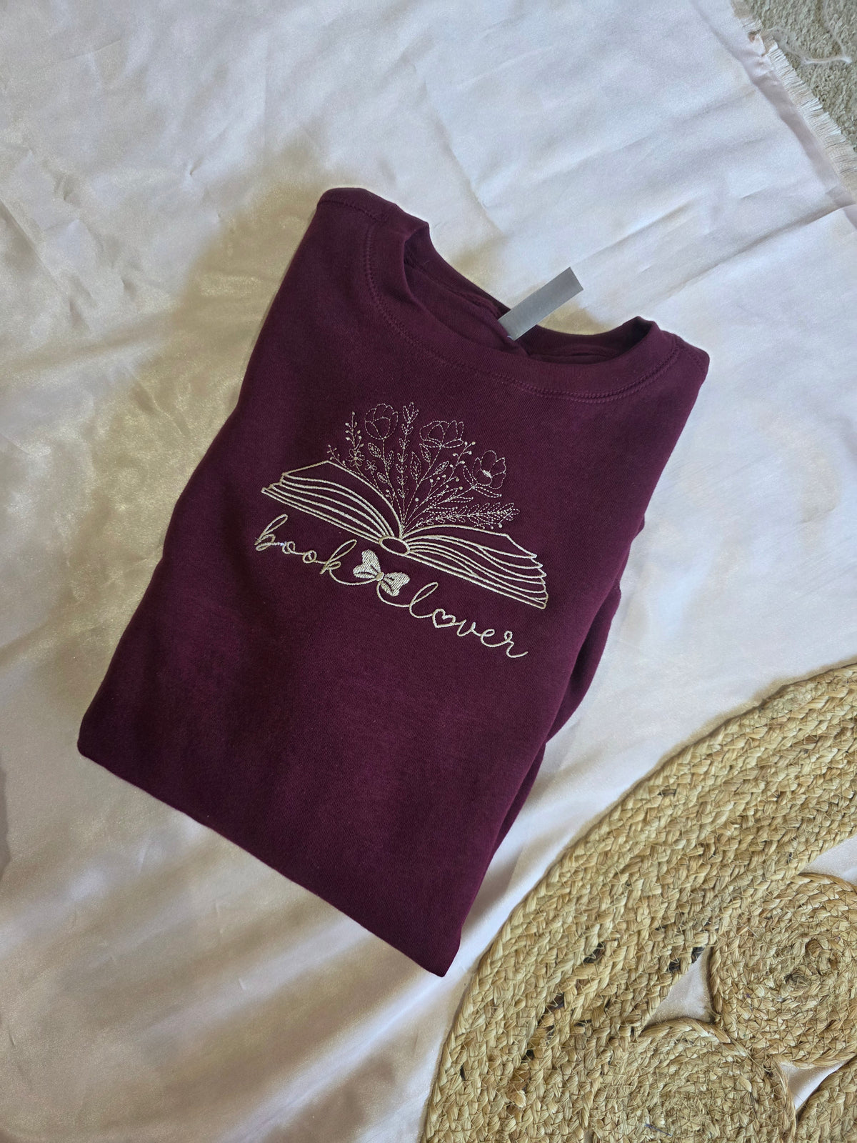 Custom Embroidered "Book Lover" Floral Sweatshirt Cozy Maroon Crewneck