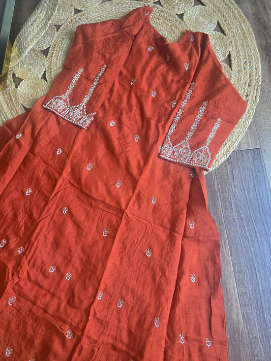Rust Orange Dola Silk 3-Piece Set – Elegance in Every Detail